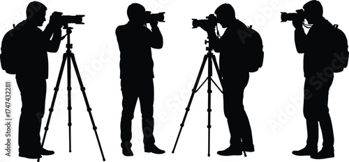Silhouette photographers with tripods, outdoor photography, creative exploration, professional hobby, travel adventure, capturing moments, minimal design, black illustration, art concept