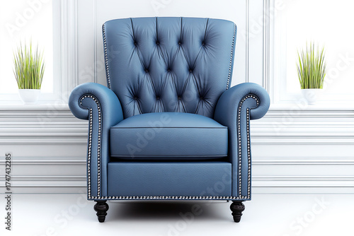 A stylish blue tufted armchair against a bright wall, complemented by decorative plants, creating a cozy and modern living space.