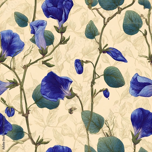 A detailed Morning Glory pattern showcasing blue flowers and green leaves against a beige background, emphasizing intricate line work. Ideal for wallpaper, fabric decor, designs. seamless pattern