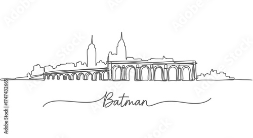 Batman Skyline Continuous Line Art with Calligraphy