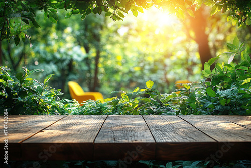 A serene outdoor scene featuring a wooden table surrounded by lush greenery, with sunlight streaming through the trees, creating a peaceful atmosphere.