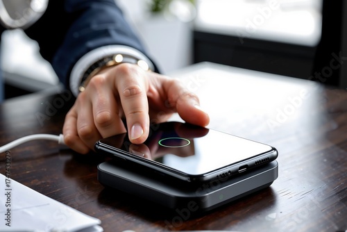 Wireless charging action for smartphones at a modern office desk environment