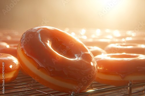 Glazed donuts glisten under warm light, showcasing their delicious, inviting appearance on a cooling rack.