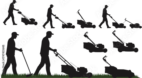 Silhouette of man mowing lawn with grass trimmer and push mower, garden maintenance, landscaping, outdoor work, gardening equipment illustration