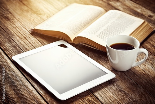 A cozy scene with a blank tablet, an open book, and a cup of coffee on a wooden table, perfect for relaxation and reading.