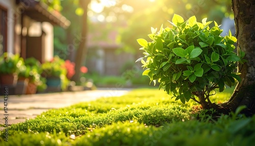 Fototapeta Naklejka Na Ścianę i Meble -  Lush green garden at sunset
