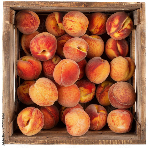 Ripe peaches with velvety skin nestled in a rustic wooden crate showcasing their vibrant colors isolated on white background