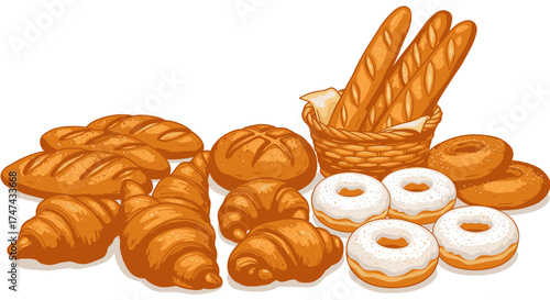 Assortment of baked goods croissants baguettes donuts and breads illustration
