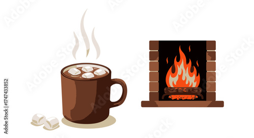 Cozy scene of a warm mug of hot chocolate with marshmallows and a fireplace