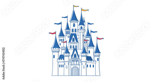 Illustration of a fairytale castle with multiple turrets on a white background