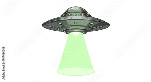 Illustration of a ufo hovering with a green beam of light isolated