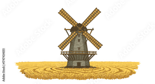 Illustration of a rustic windmill in a wheat field against white background