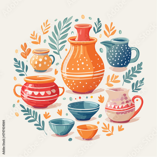 Ceramic pottery collection with decorative foliage