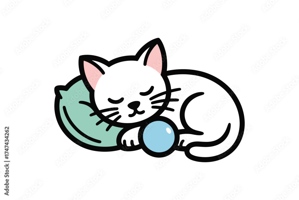 Fototapeta premium Sleeping White Cat with Toy and Pillow Simple Cartoon Illustration