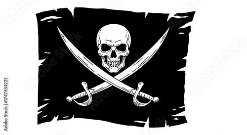 Skull and crossed swords symbol on black pirate flag isolated