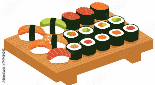 Sushi arrangement on wooden platter illustration for culinary and design