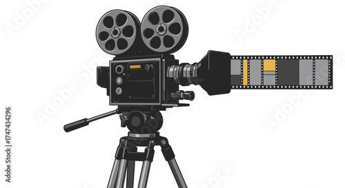 Vintage film camera with film strip display isolated on white background