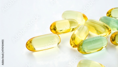 Yellow and green capsules arranged on a white surface