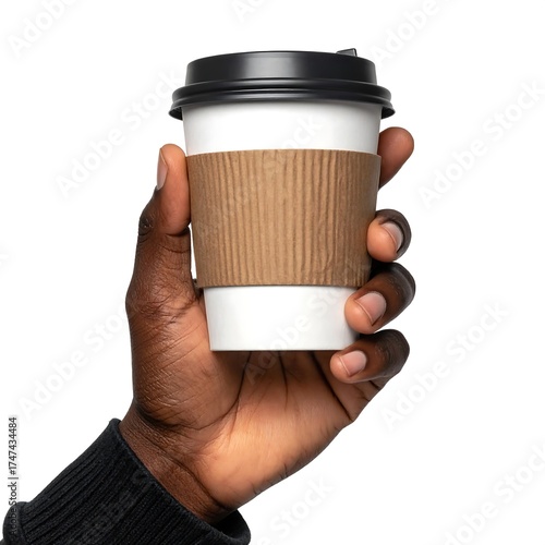 A hand holds a disposable coffee cup