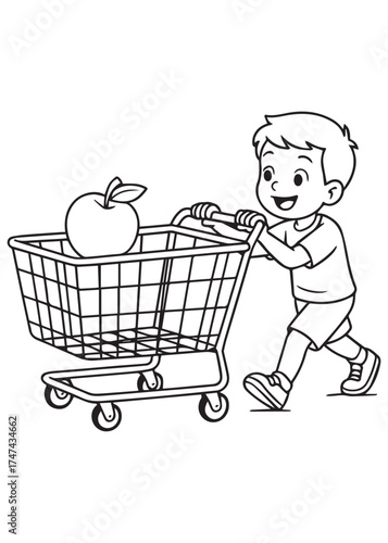 coloring book child pushing shopping cart with apple and dollar balloon, inflation theme, kids line art illustration