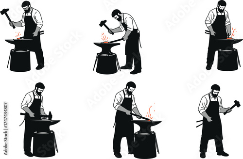 Blacksmith silhouette working at anvil, metal forging, hammer strike, sparks flying, traditional craftsmanship, industrial labor, black figure, isolated on white background