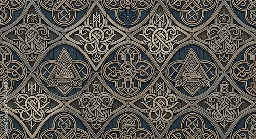 Seamless texture featuring intricate nordic design elements in symmetry