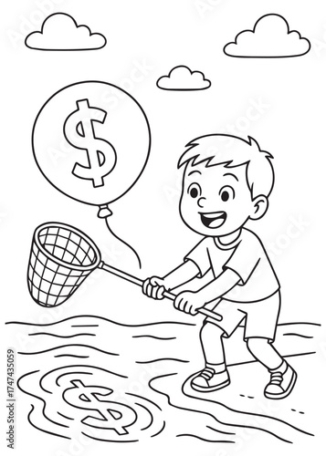 coloring book child catching floating dollar balloon with net, inflation concept, kids line art illustration