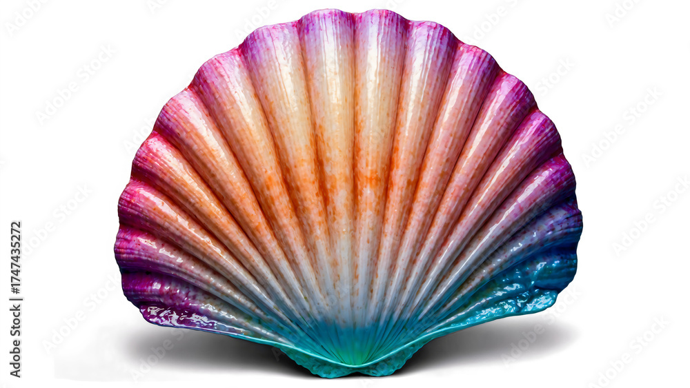 Fototapeta premium A vibrant seashell with a spectrum of colors. The intricate details of the shell are beautifully highlighted, isolated on white background
