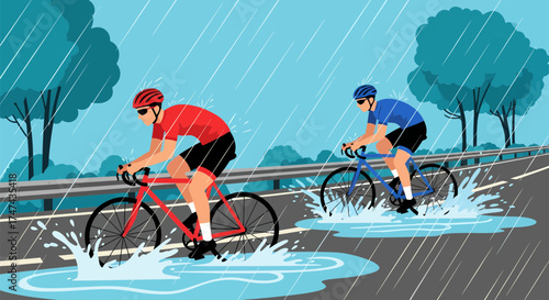 Cyclists Riding Through Rain Puddles on Road.
