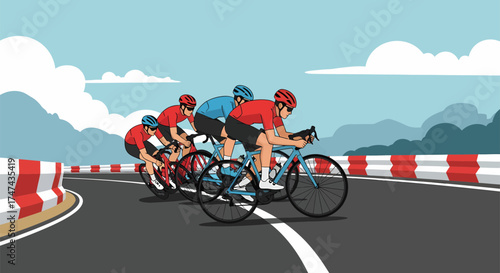 Cyclists racing on a winding road focused and determined.