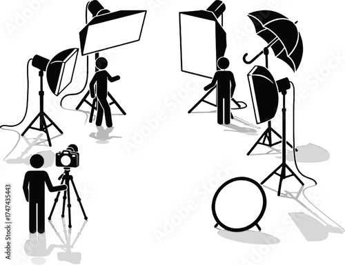 Photography Studio Setup and Production Stick Figure Icons Set