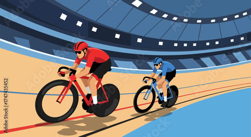 Two cyclists racing on an indoor velodrome track.