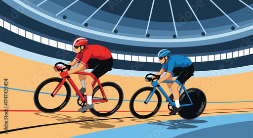 Two Cyclists Racing on a Velodrome Track.