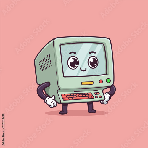 Smiling retro computer character with expressive eyes, gloves, and shoes, standing confidently on pink background.