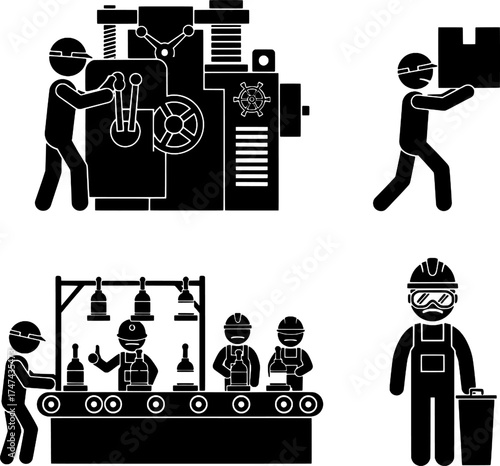 Factory Worker, Manufacturing, and Production Industry Stick Figure Icons Set