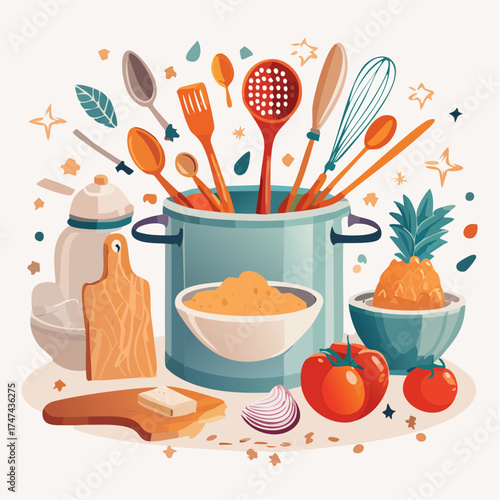 Cooking utensils in pot with fresh produce and ingredients