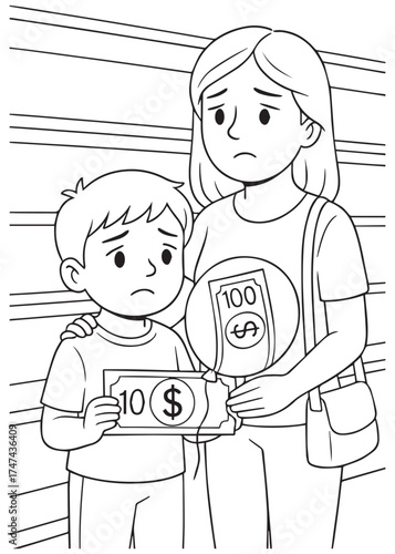 coloring book mother and child sad holding money at store, inflation crisis illustration, kids line art