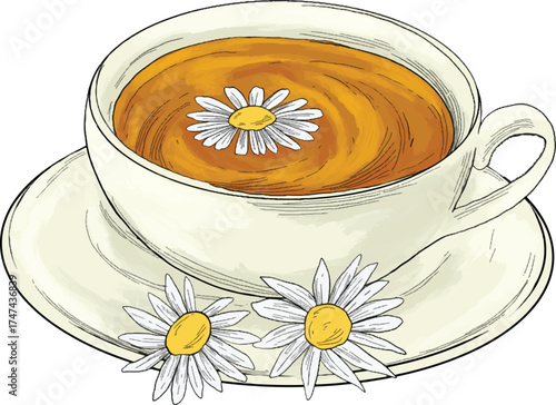 Chamomile tea color sketch illustration hand drawn