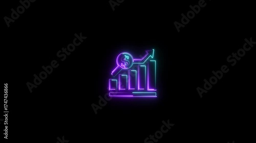 Animated neon business graph up arrow displaying financial growth and dollar symbol on black background