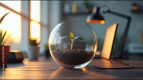 Young plant growing in a glass terrarium on a desk with a laptop and lamp.