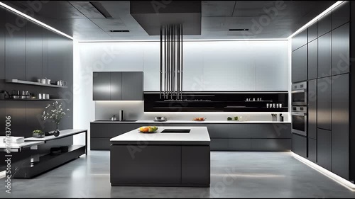 Sleek Modern Kitchen Interior Design with Island and Lighting.