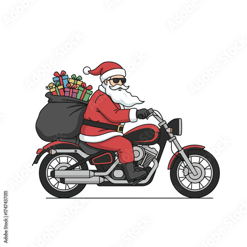 Santa Claus riding a motorcycle with a sack full of gifts.