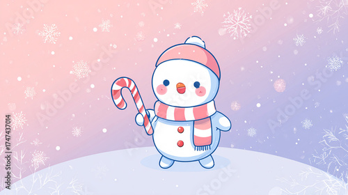 Wallpaper Mural Cute cartoon snowman holding candy cane in winter landscape Torontodigital.ca