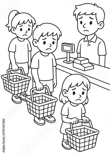 coloring book kids lining up at cashier with empty baskets, inflation crisis illustration, simple children line art