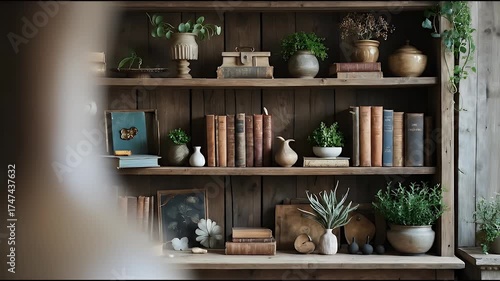 Rustic Wooden Bookshelf Filled with Vintage Books and Plants.
