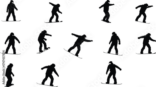Silhouette of snowboarder performing tricks on snow, winter sport action, mountain slope balance, extreme outdoor adventure, freestyle snowboarding movement, athlete motion