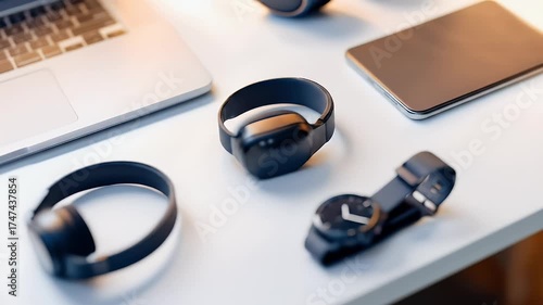 Modern Gadgets Arranged on a White Desk for a Tech Lifestyle Shot.
