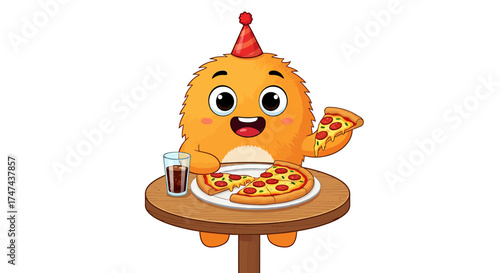 A cute, fluffy orange monster wearing a party hat, happily eating pizza and drinking soda at a small table.