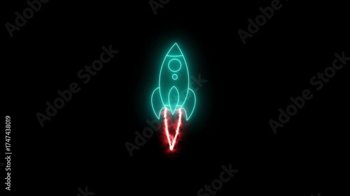 Neon rocket launching into space background. Symbolizes startup launch, business success, innovation, progress and future growth. Ideal for tech presentations or motivational content.