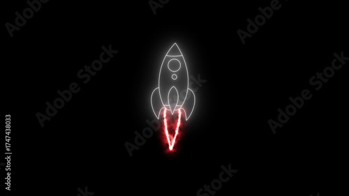 Neon rocket launching into space background. Symbolizes startup launch, business success, innovation, progress and future growth. Ideal for tech presentations or motivational content.